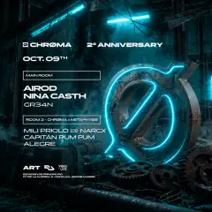Flyer de CHRØMA 2nd ANNIVERSARY: AIROD en Art Club (Madrid), viernes 9 de octubre de 2026