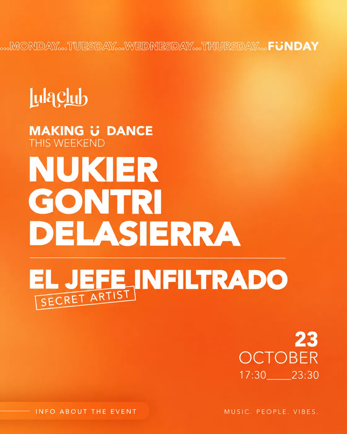 Flyer for FÜNDAY: DAYTIME CLUBBING w/ SECRET GUEST at Lula Club (Madrid), Friday 23 October 2026