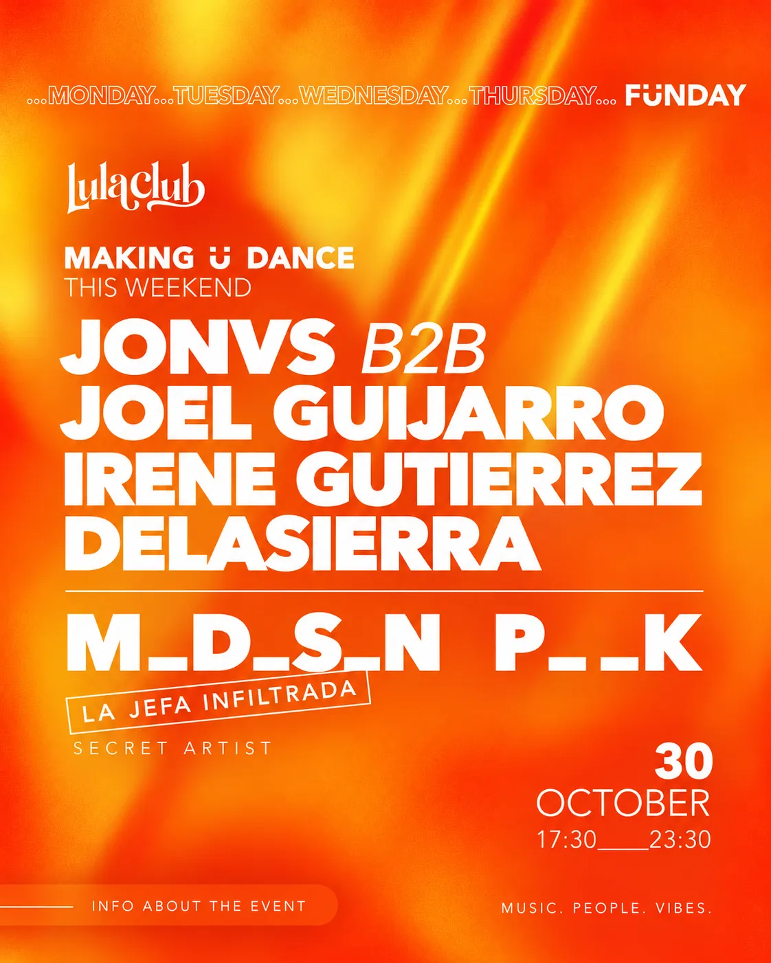 Flyer de FÜNDAY: DAYTIME CLUBBING w/ SECRET GUEST en Lula Club (Madrid), viernes 30 de octubre de 2026