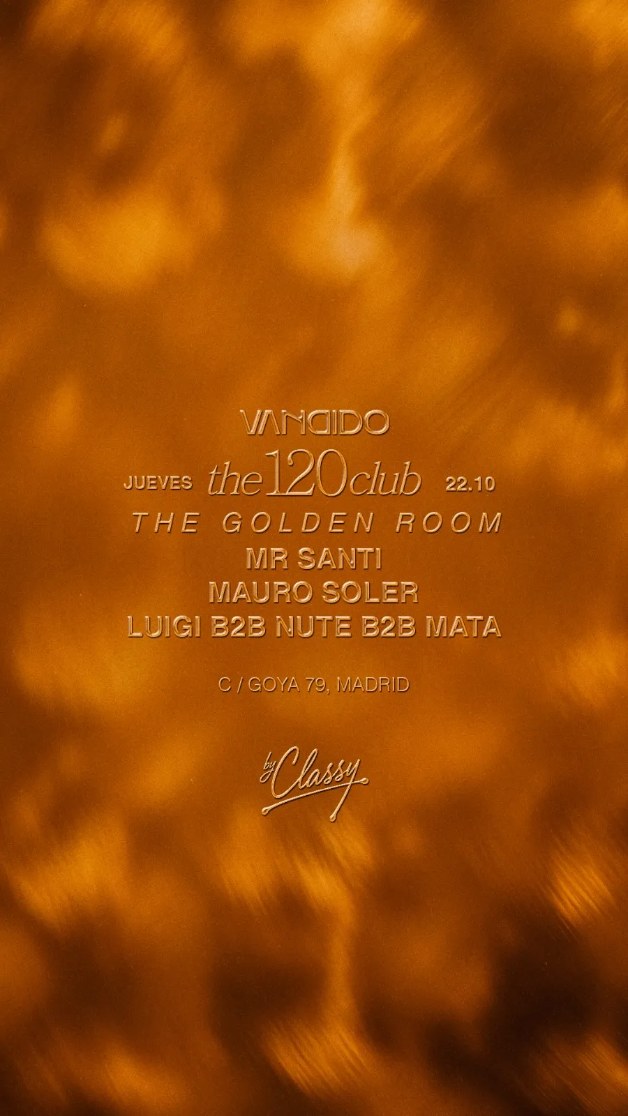 Flyer for "THE 120 CLUB" GOLDEN ROOM VANDIDO at Vandido (Madrid), Thursday 22 October 2026