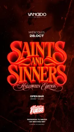 Flyer de SAINTS & SINNERS by Madrid Es Fuego - Halloween edition en Vandido (Madrid), miércoles 28 de octubre de 2026