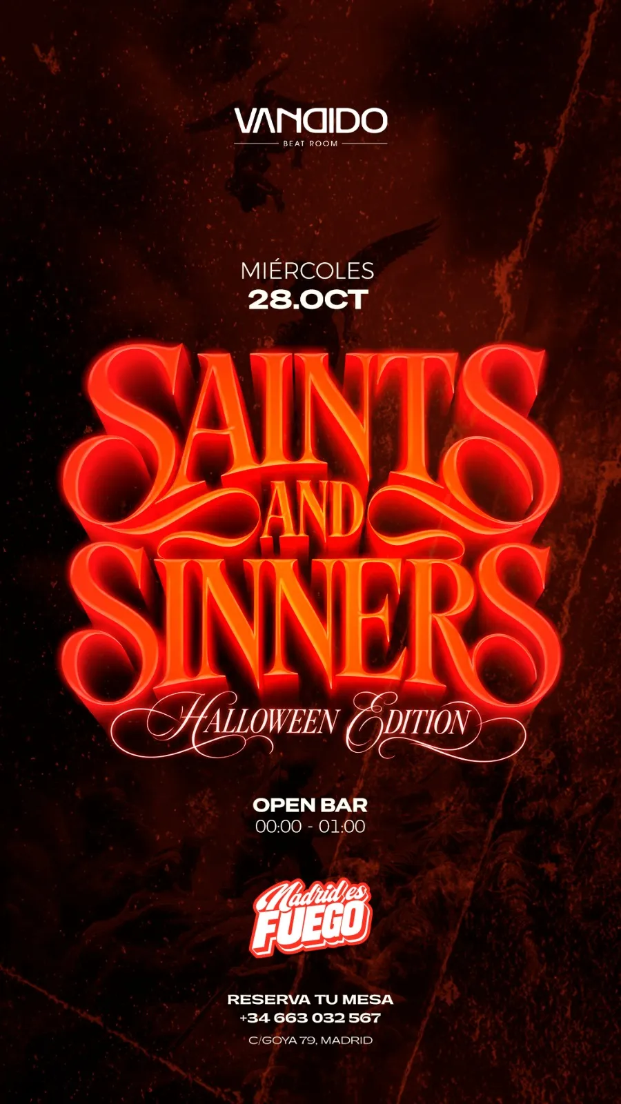 Flyer de SAINTS & SINNERS by Madrid Es Fuego - Halloween edition en Vandido (Madrid), miércoles 28 de octubre de 2026