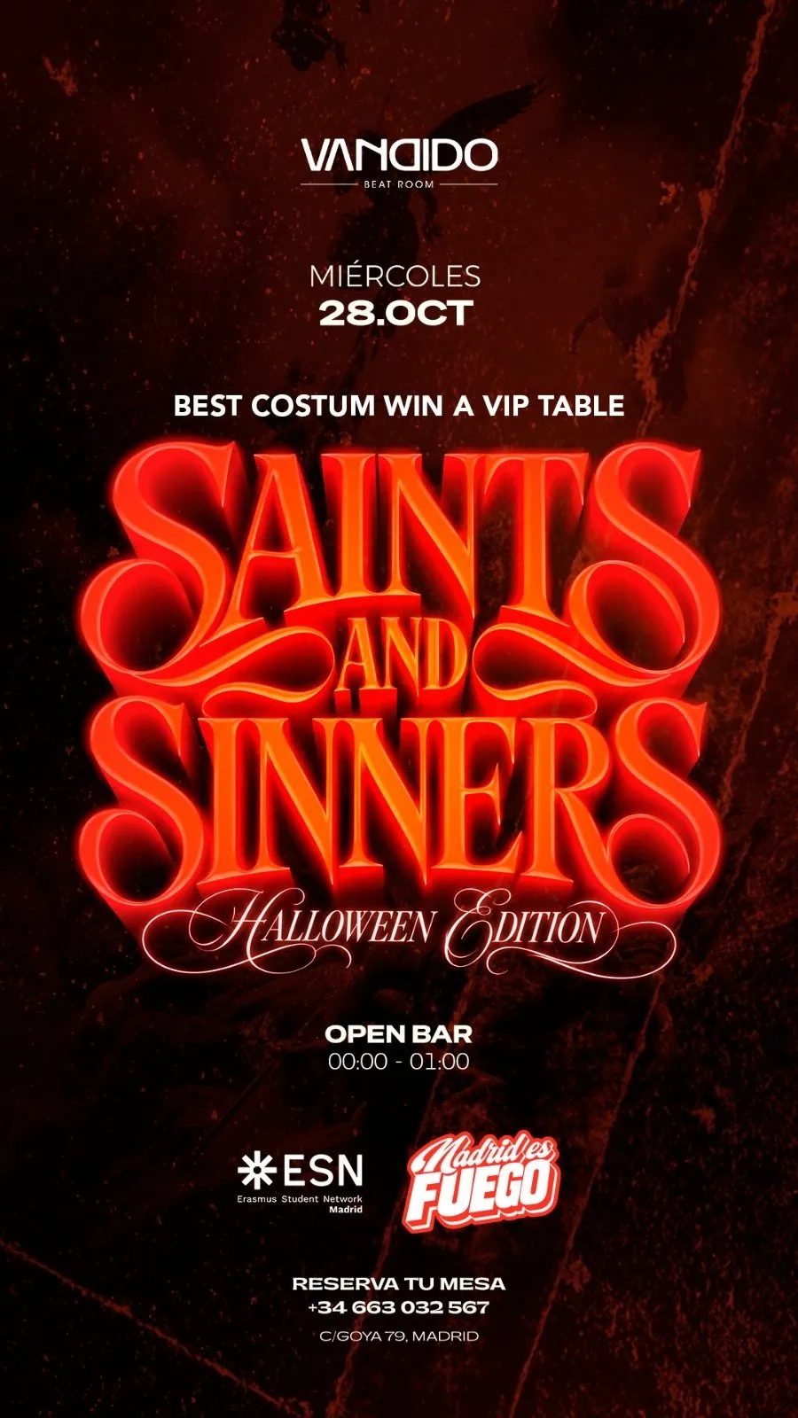 Flyer de SAINTS & SINNERS by Madrid Es Fuego - Halloween edition en Vandido (Madrid), miércoles 28 de octubre de 2026