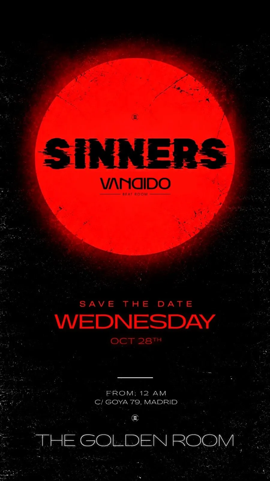 Flyer de Sinners Golden Room en Vandido (Madrid), miércoles 28 de octubre de 2026
