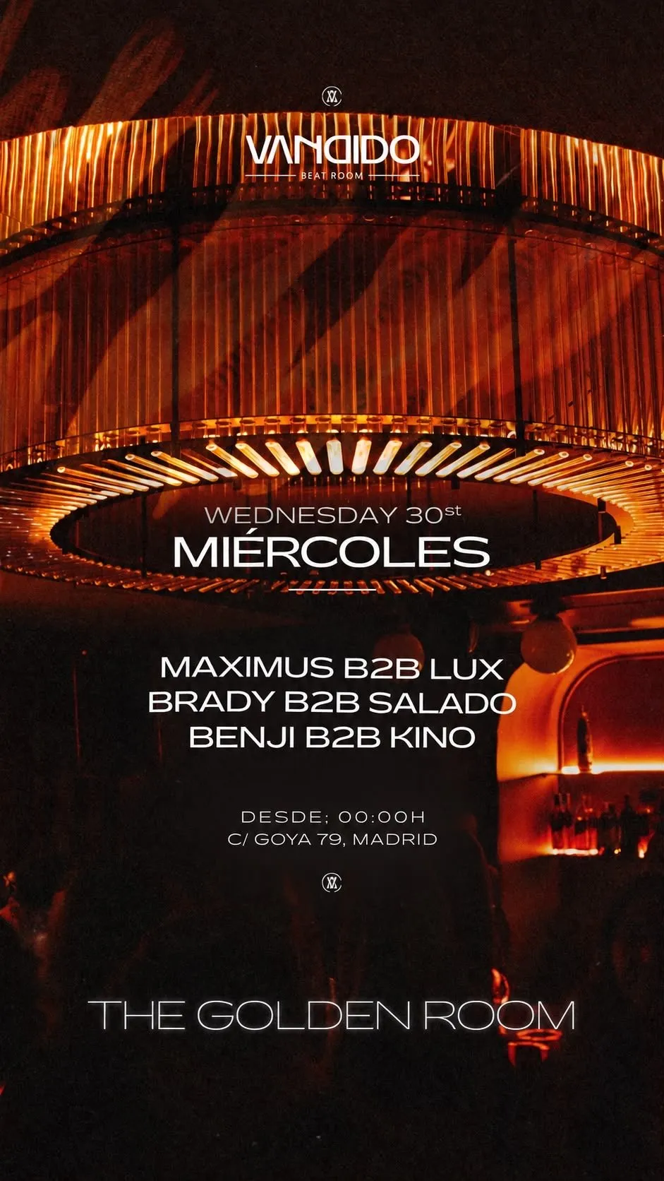 Flyer de Miércoles Golden Room en Vandido (Madrid), miércoles 30 de septiembre de 2026