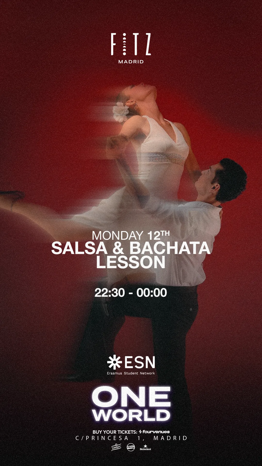 Flyer for ONE WORLD - Salsa & Bachata Lessons by ESN at Fitz Madrid (Madrid), Monday 12 October 2026