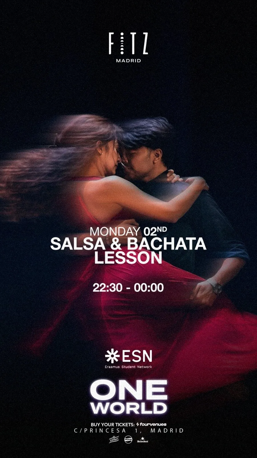 Flyer de ONE WORLD - Salsa & Bachata Lessons by ESN en Fitz Madrid (Madrid), lunes 2 de noviembre de 2026