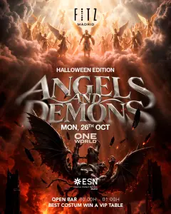 Flyer de ANGELS & DEMONS x One World by ESN - Halloween edition en Fitz Madrid (Madrid), lunes 26 de octubre de 2026