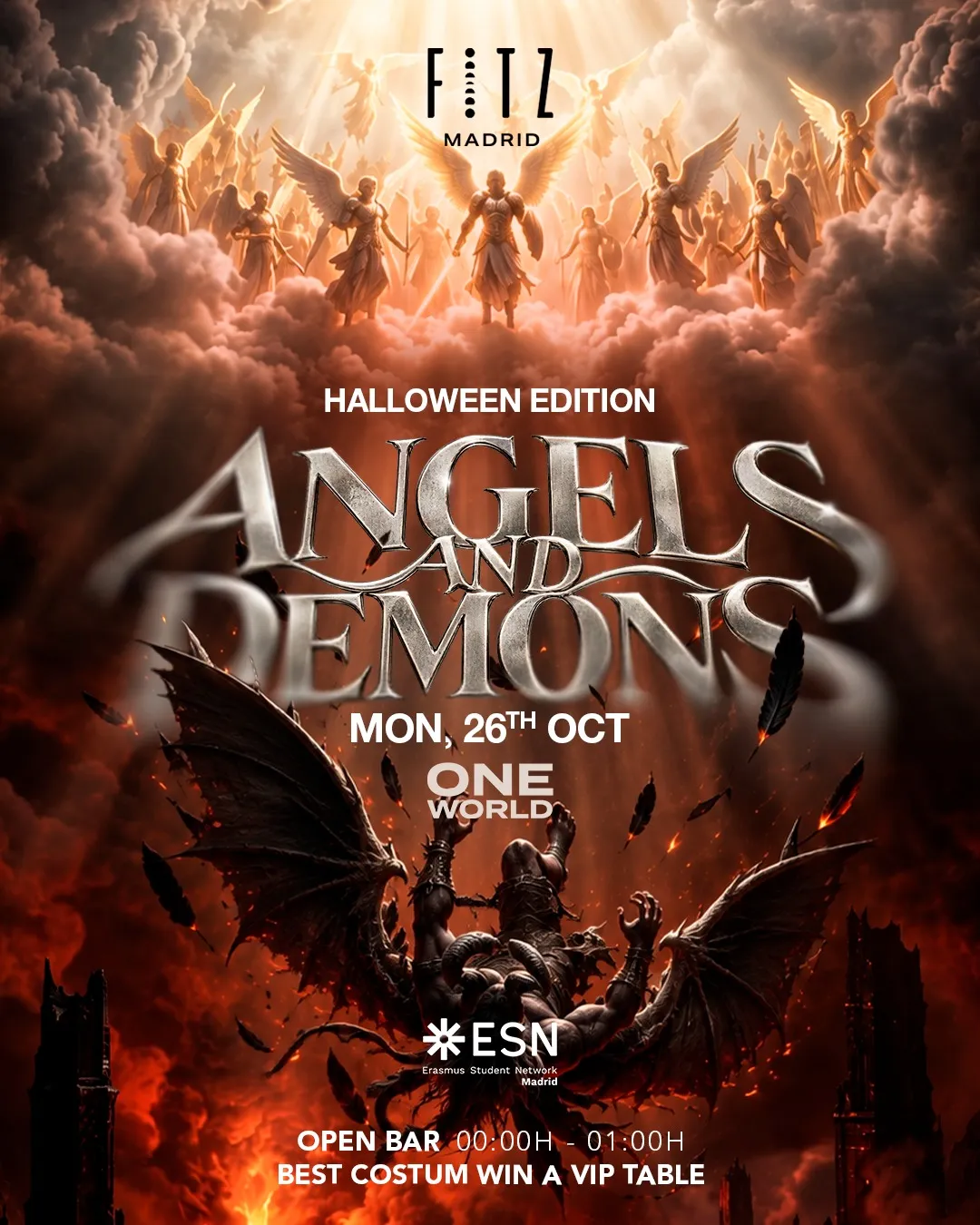 Flyer for ANGELS & DEMONS x One World by ESN - Halloween edition at Fitz Madrid (Madrid), Monday 26 October 2026