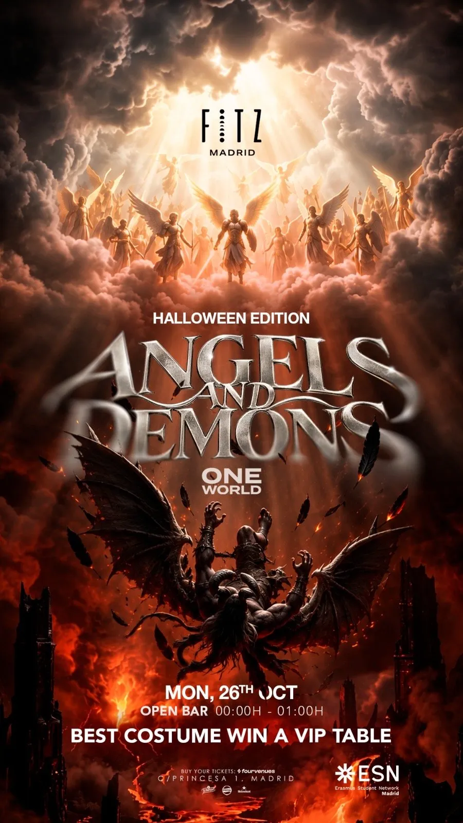 Flyer de ANGELS & DEMONS x One World by ESN - Halloween edition en Fitz Madrid (Madrid), lunes 26 de octubre de 2026