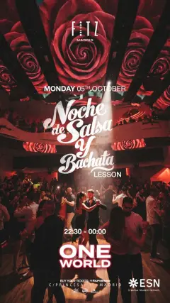 Flyer de ONE WORLD - Salsa & Bachata Lessons by ESN en Fitz Madrid (Madrid), lunes 5 de octubre de 2026