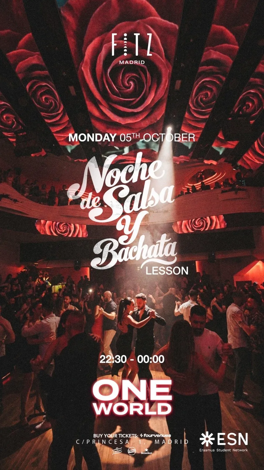 Flyer de ONE WORLD - Salsa & Bachata Lessons by ESN en Fitz Madrid (Madrid), lunes 5 de octubre de 2026