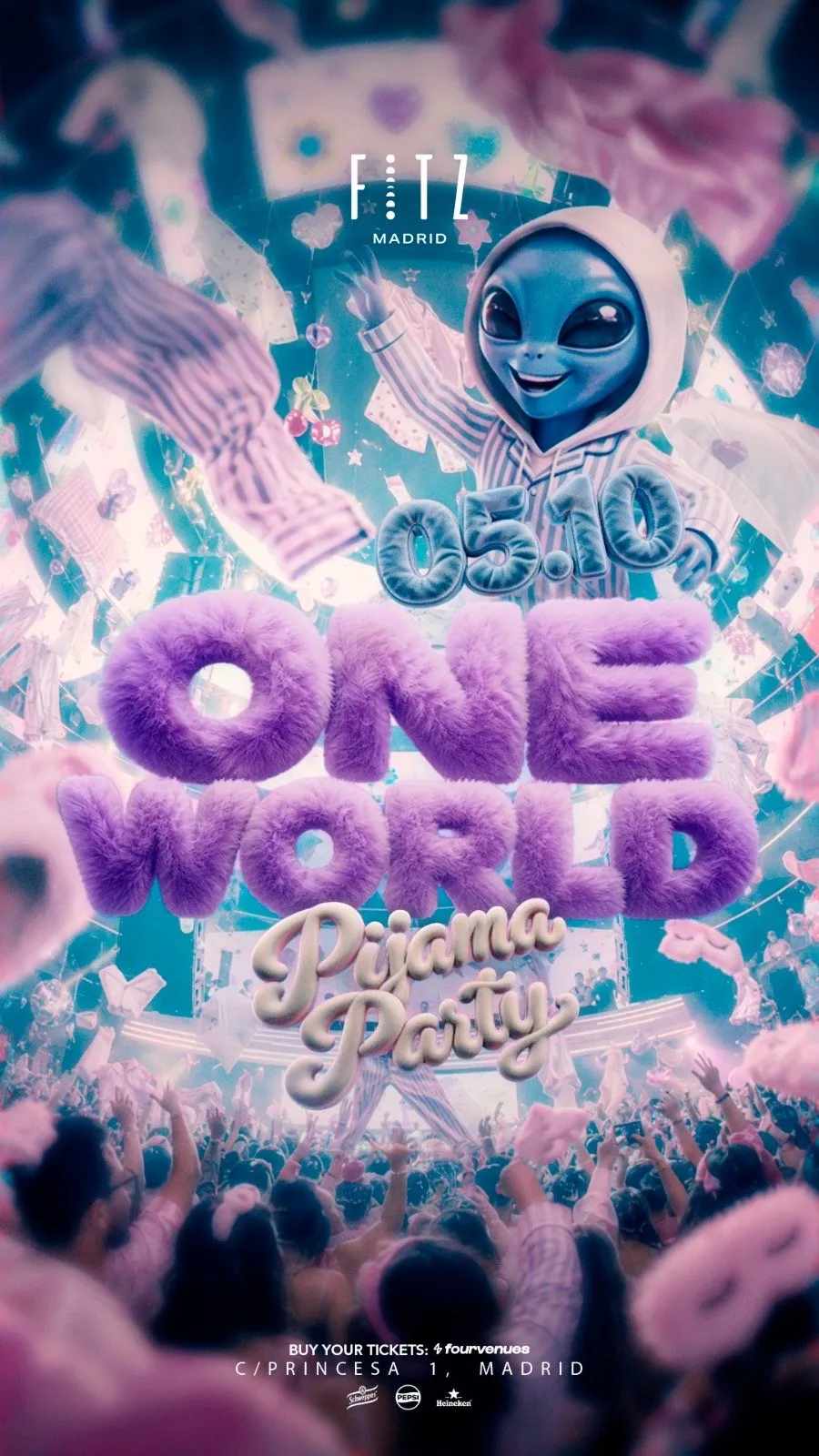 Flyer for PIJAMA PARTY x One World by ESN at Fitz Madrid (Madrid), Monday 5 October 2026