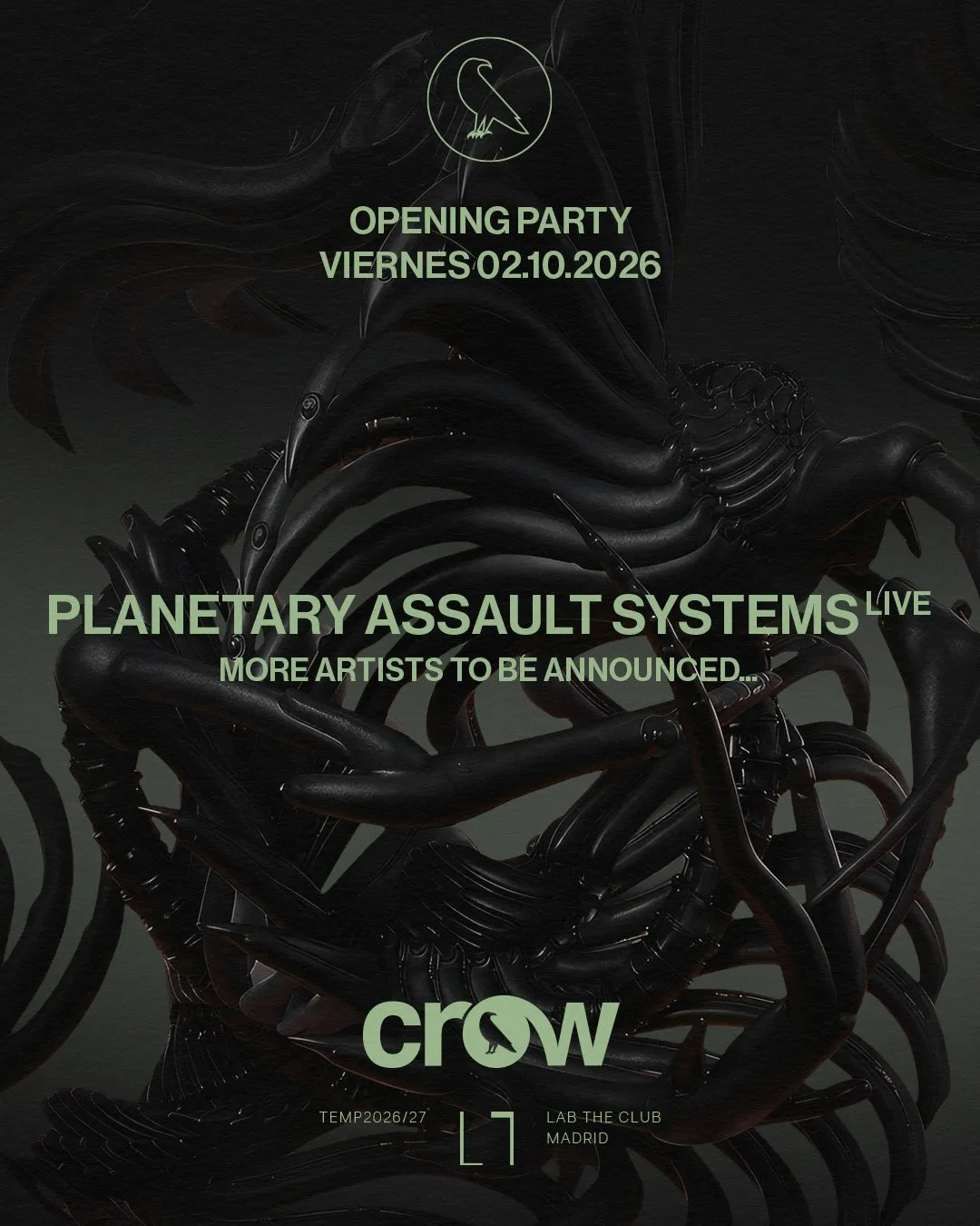 Flyer de CROW with Planetary Assault Systems live en LAB theCLUB (Madrid), viernes 2 de octubre de 2026