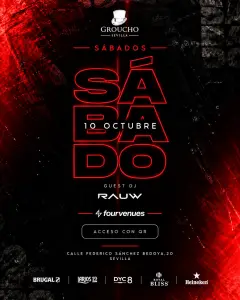Flyer de SATURDAY 10 OCT · GROUCHO SEVILLA | GUEST DJ RAUW en Groucho (Sevilla), sábado 10 de octubre de 2026