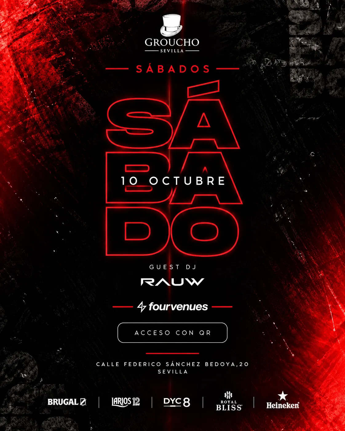 Flyer de SATURDAY 10 OCT · GROUCHO SEVILLA | GUEST DJ RAUW en Groucho (Sevilla), sábado 10 de octubre de 2026