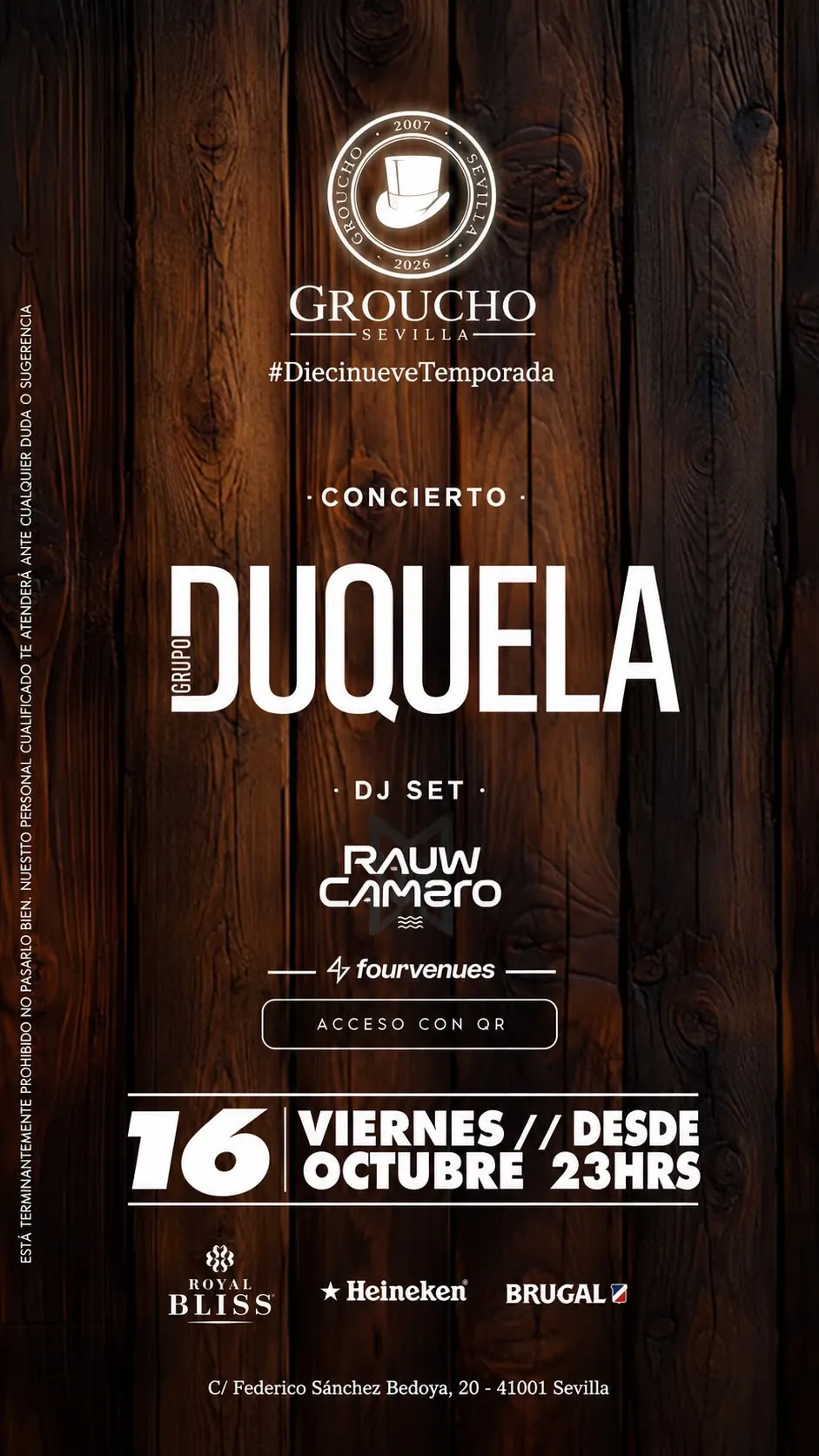 Flyer for VIERNES 16 OCTUBRE | DUQUELA EN DIRECTO 🎶 | GROUCHO 🎩 at Groucho (Seville), Friday 16 October 2026
