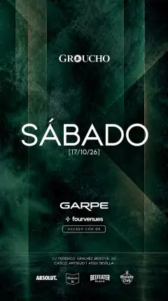 Flyer de SÁBADO 17 OCTUBRE | DJ GARPE 🎧 | GROUCHO 🎩 en Groucho (Sevilla), sábado 17 de octubre de 2026