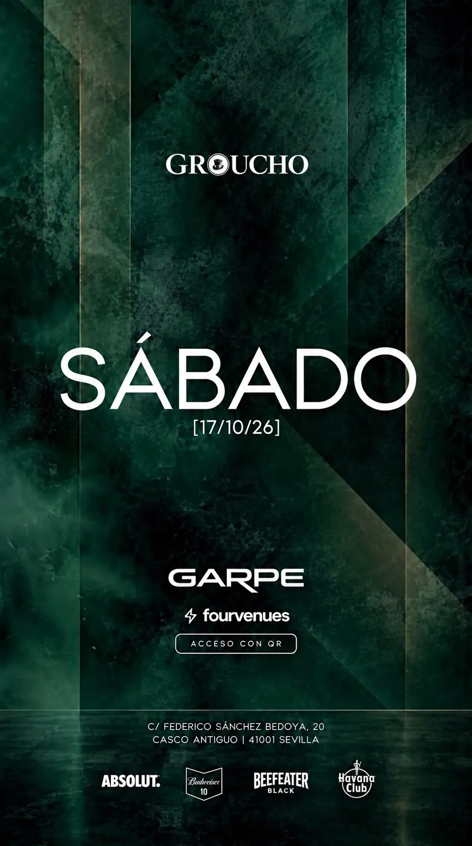 Flyer de SÁBADO 17 OCTUBRE | DJ GARPE 🎧 | GROUCHO 🎩 en Groucho (Sevilla), sábado 17 de octubre de 2026
