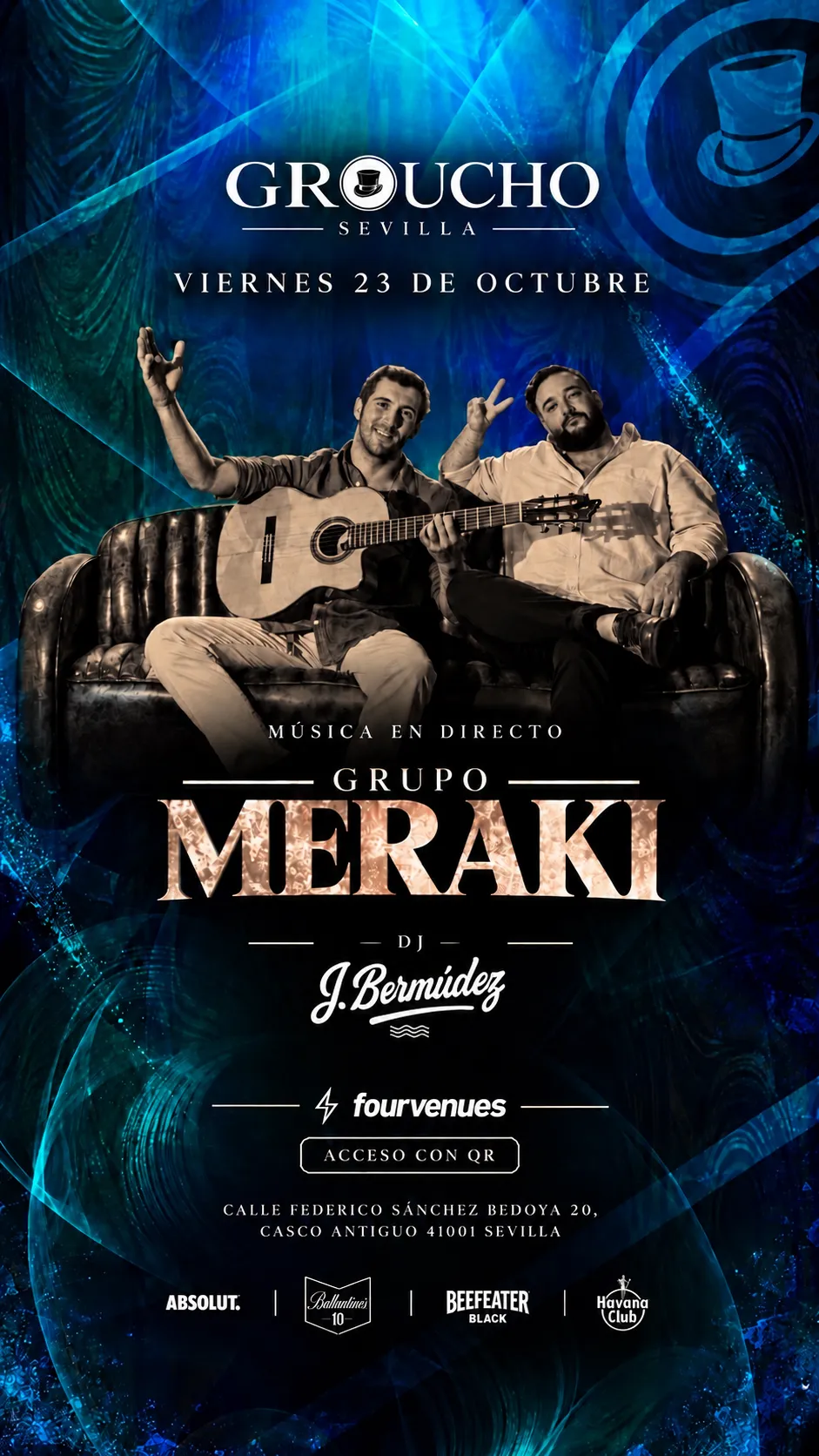 Flyer de MERAKI🎤 + DJ JORGE BERMÚDEZ 🎧 · VIERNES 23 OCT GROUCHO SEVILLA en Groucho (Sevilla), viernes 23 de octubre de 2026