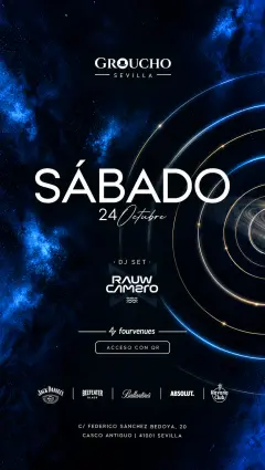Flyer de SÁBADO 24 OCTUBRE | DJ RAUW CAMERO 🎧 | GROUCHO 🎩 en Groucho (Sevilla), sábado 24 de octubre de 2026