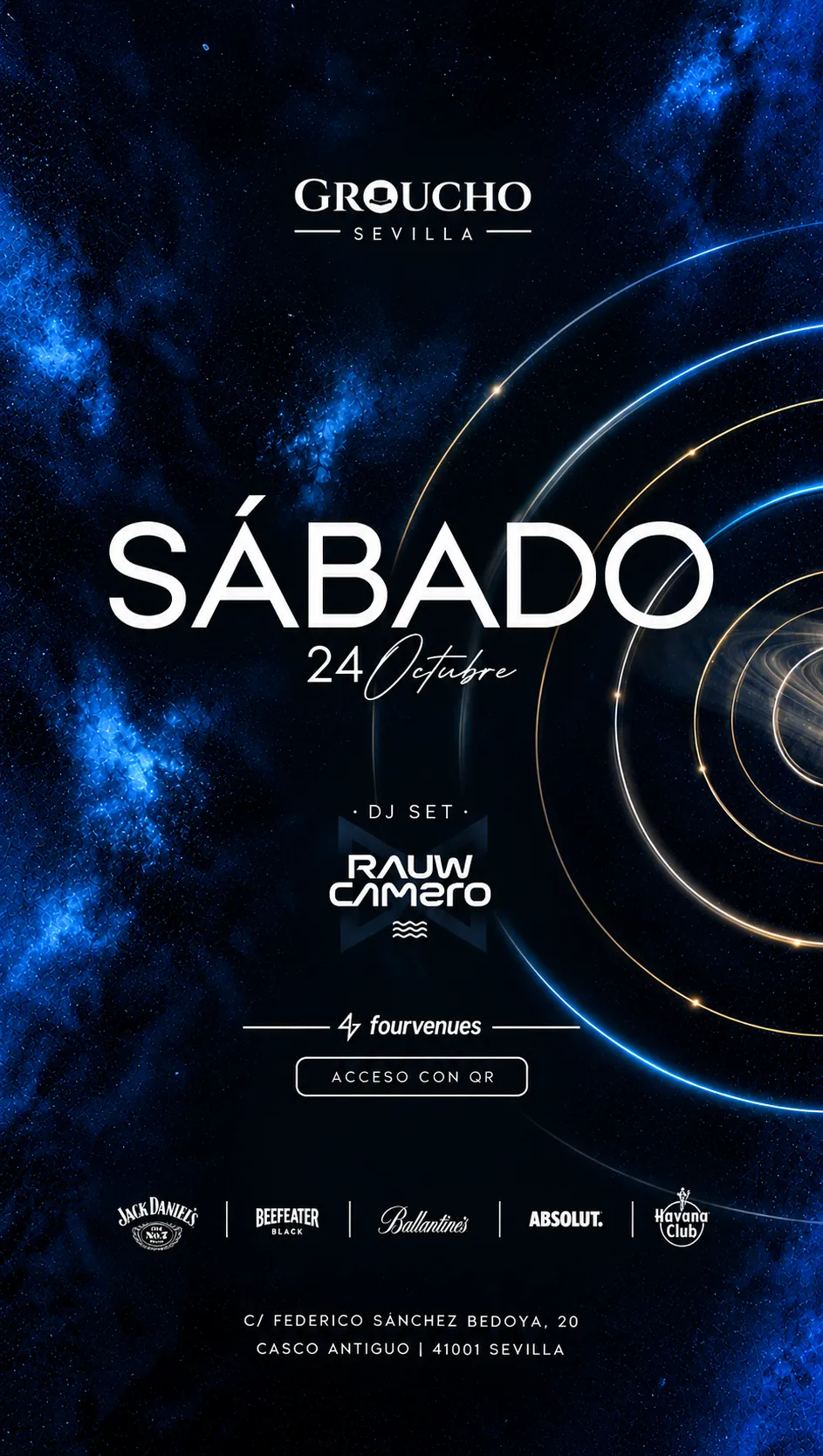 Flyer de SÁBADO 24 OCTUBRE | DJ RAUW CAMERO 🎧 | GROUCHO 🎩 en Groucho (Sevilla), sábado 24 de octubre de 2026