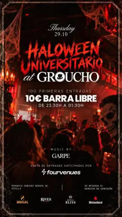 Flyer de HALLOWEEN UNIVERSITARIO 🎃 | ESPECIAL UNIÓN DE RESIDENCIAS 📚🎩 en Groucho (Sevilla), jueves 29 de octubre de 2026