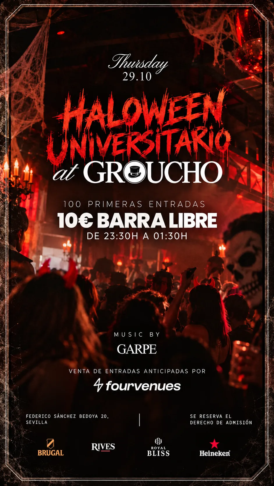 Flyer for HALLOWEEN UNIVERSITARIO 🎃 | ESPECIAL UNIÓN DE RESIDENCIAS 📚🎩 at Groucho (Seville), Thursday 29 October 2026