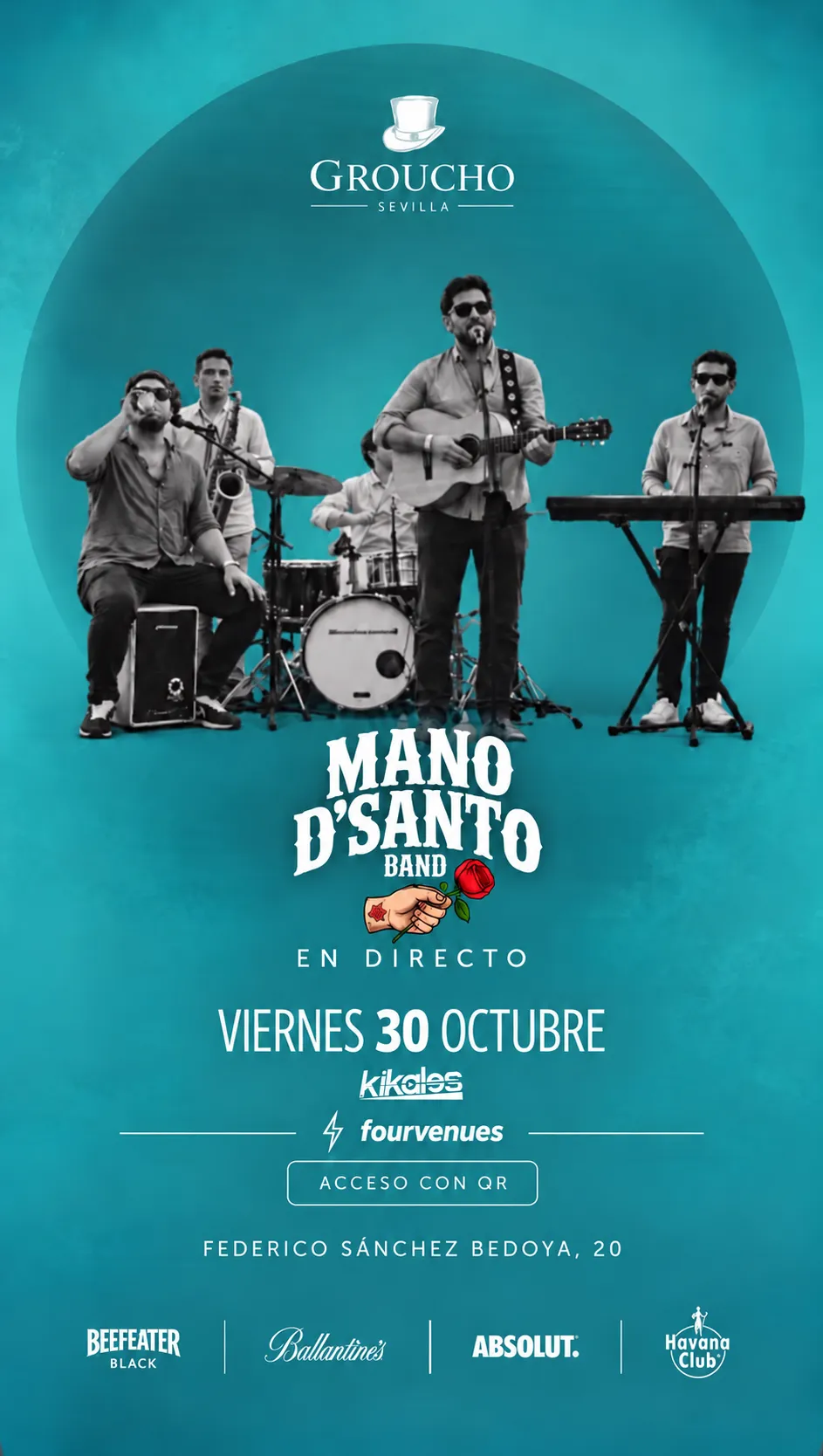 Flyer for 🎩 VIERNES 30 OCTUBRE | MANO D’SANTO BAND EN DIRECTO 🎸� at Groucho (Seville), Friday 30 October 2026