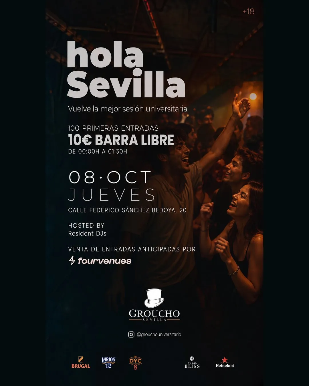 Flyer de HOLA SEVILLA · JUEVES UNIVERSITARIO 🎩 en Groucho (Sevilla), jueves 8 de octubre de 2026