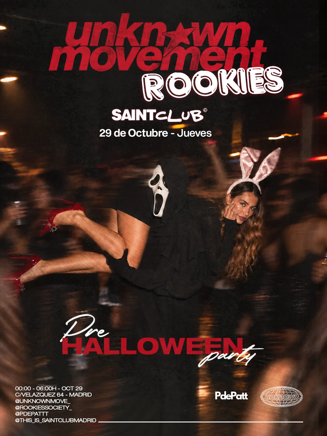 Flyer for ROOKIES X UNKW X HALLOWEEK at Saint Club (Madrid), Thursday 29 October 2026