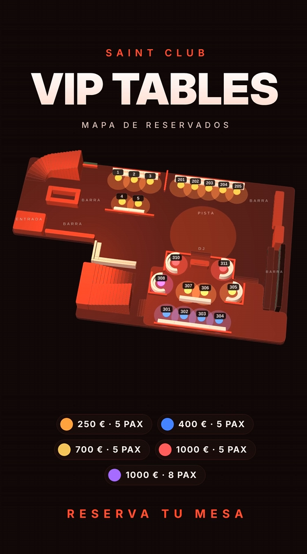 Mapa de reservados de Saint Club (Madrid): mesas VIP por zonas