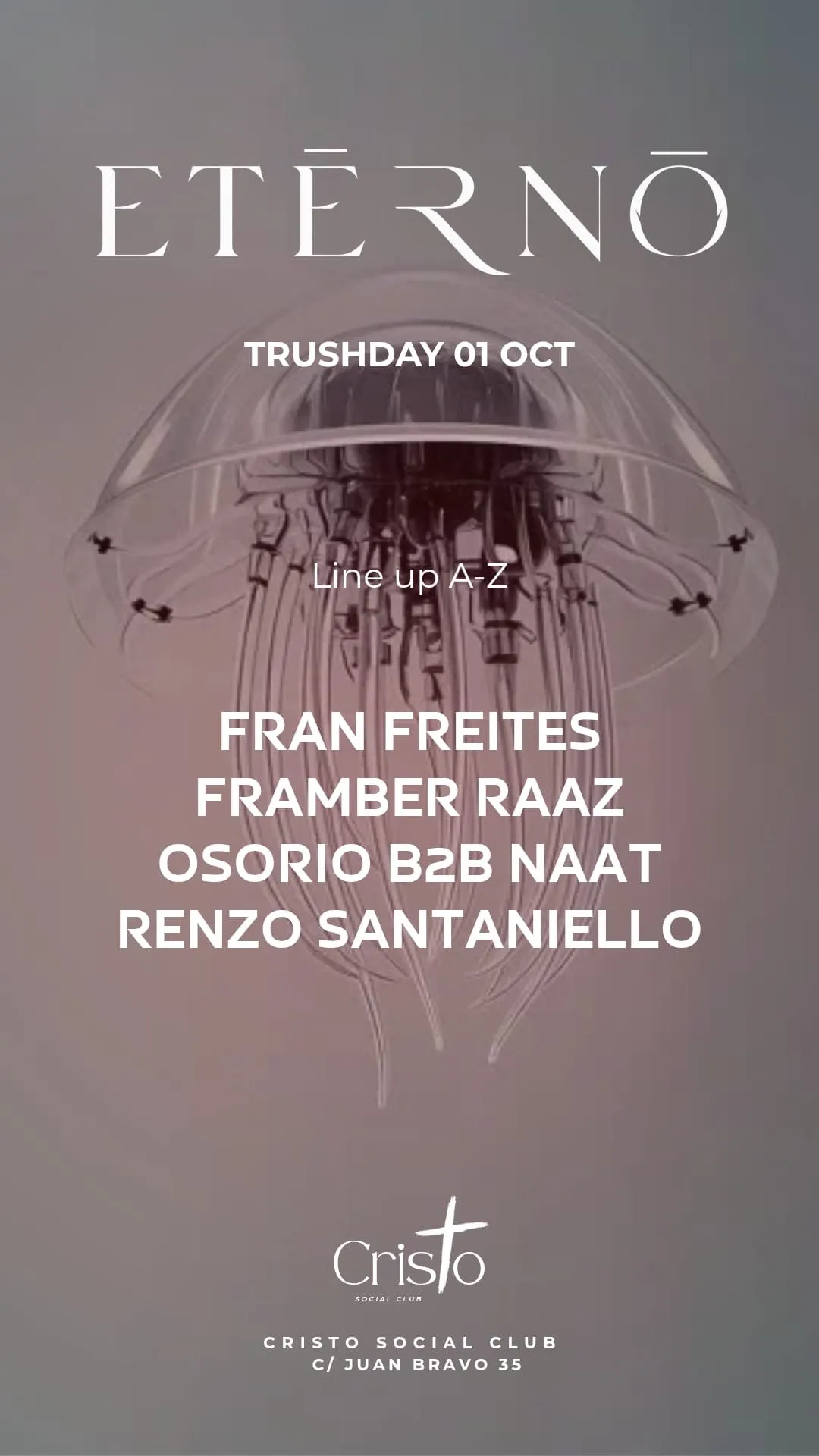 Flyer de ETĒRNŌ x HDAD en CrisTo Social Club (Madrid), jueves 1 de octubre de 2026
