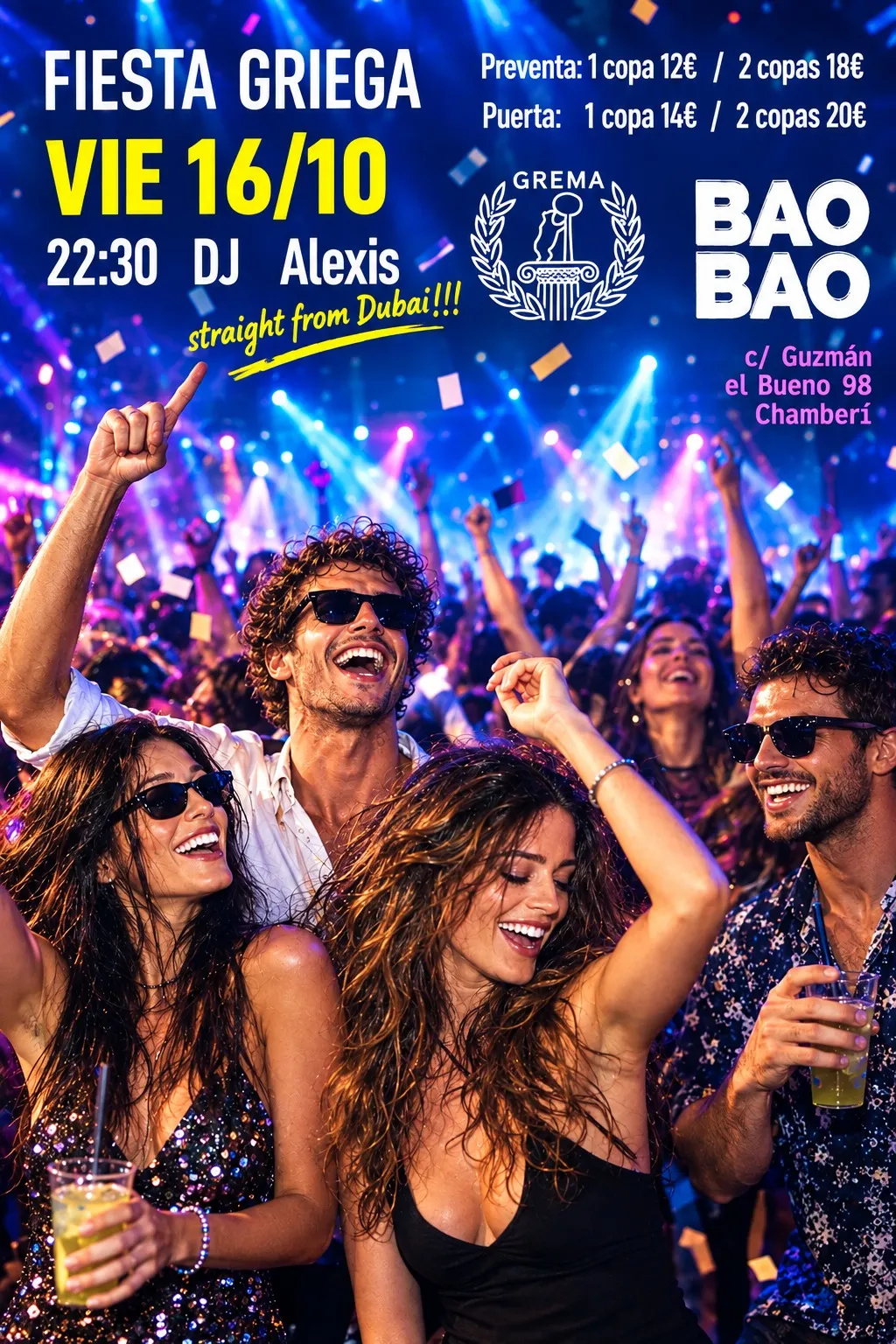 Flyer for FIESTA GRIEGA (GREMA) at Bao Bao (Madrid), Friday 16 October 2026