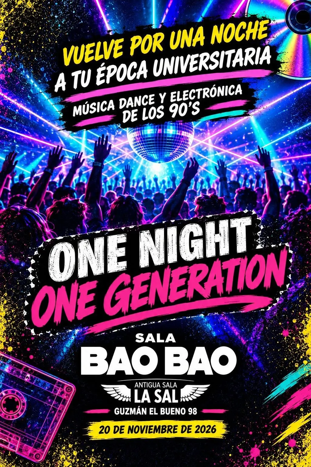 Flyer for One Night One Generation at Bao Bao (Madrid), Friday 20 November 2026