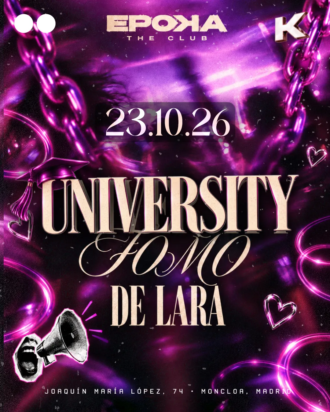Flyer for UNIVERSITY FOMO at Epoka The Club (Madrid), Friday 23 October 2026