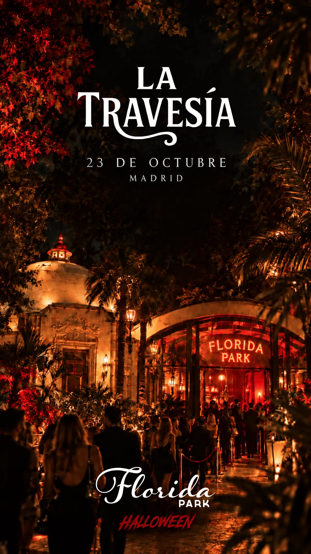 Flyer for La Travesía Halloween at Florida Park (Madrid), Friday 23 October 2026
