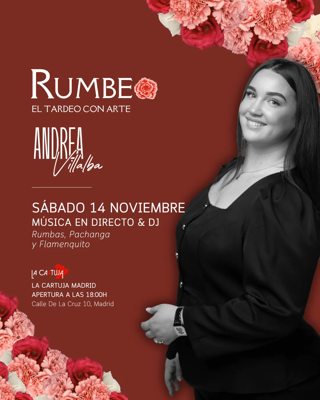 Flyer for TARDEO RUMBEO - ACTUACIÓN ANDREA VILLALBA at La Cartuja (Madrid), Saturday 14 November 2026