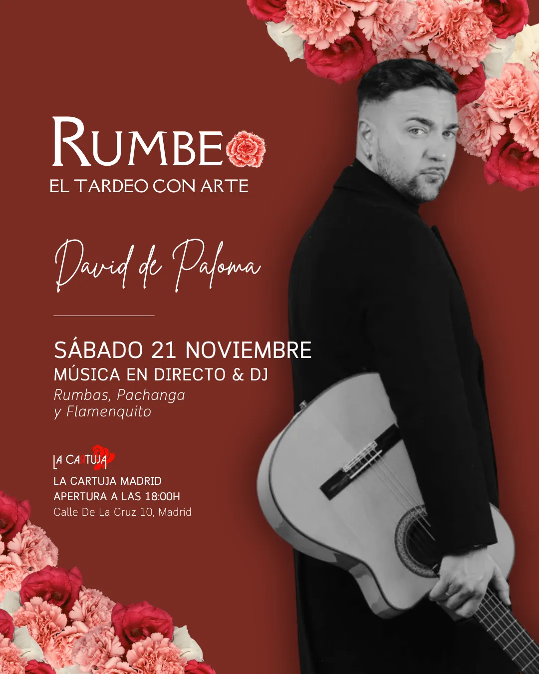 Flyer de TARDEO RUMBEO - ACTUACIÓN DAVID DE PALOMA en La Cartuja (Madrid), sábado 21 de noviembre de 2026