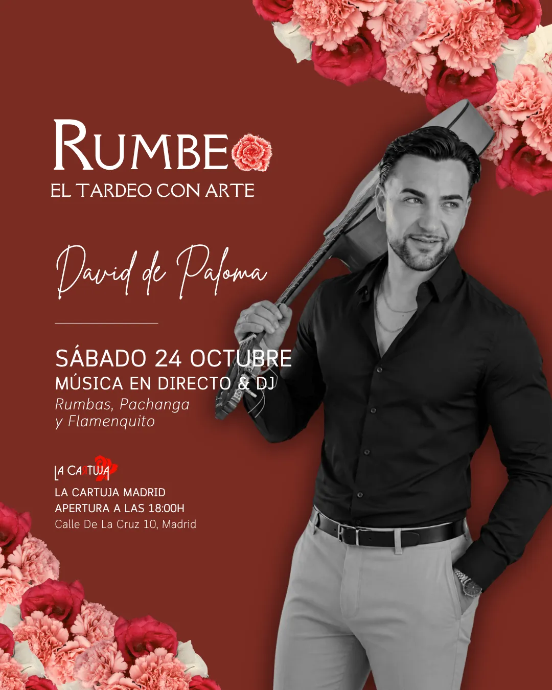 Flyer de TARDEO RUMBEO - ACTUACIÓN DAVID DE PALOMA en La Cartuja (Madrid), sábado 24 de octubre de 2026