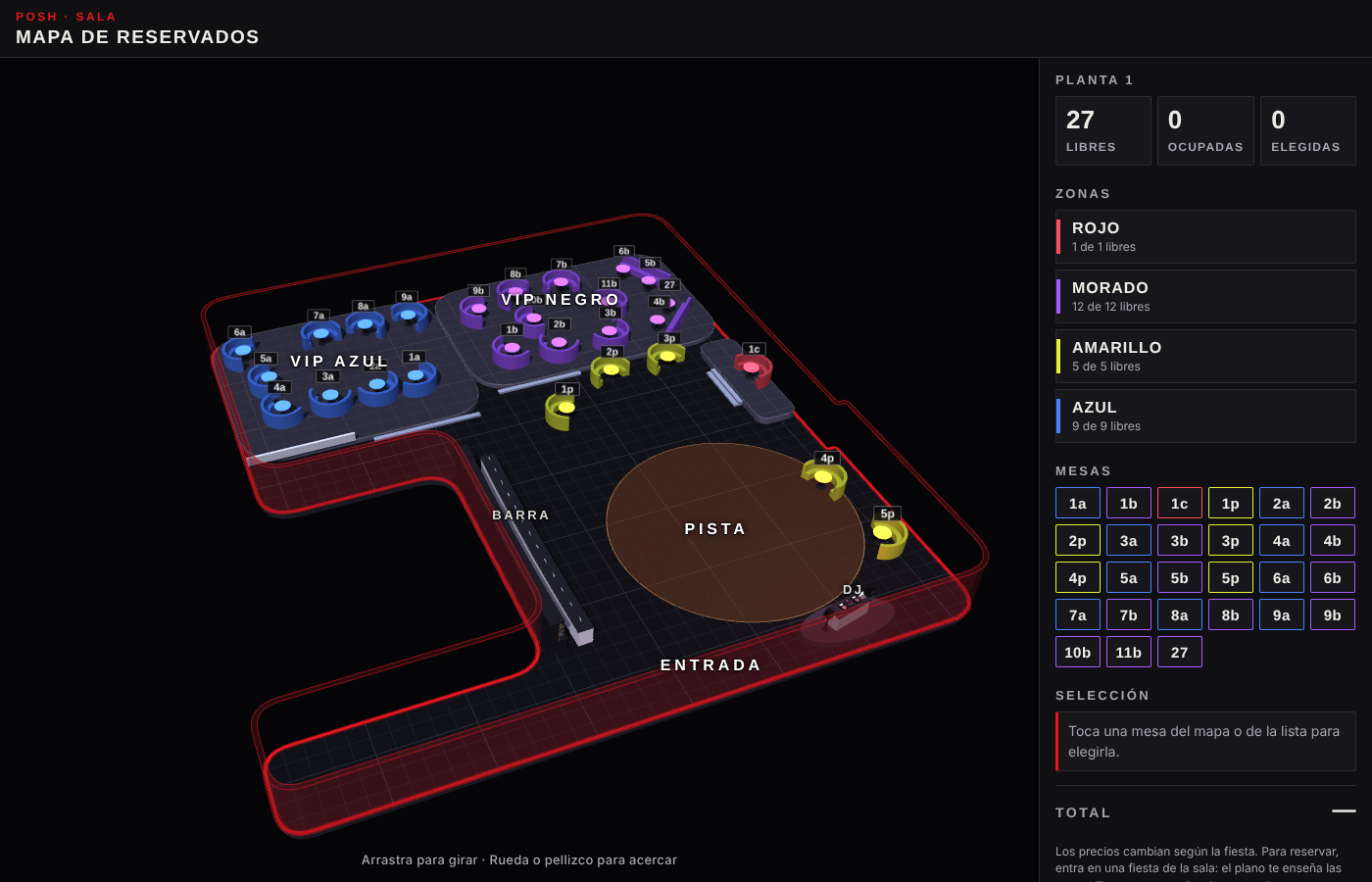 Mapa de reservados de Samsara (Madrid): mesas VIP por zonas