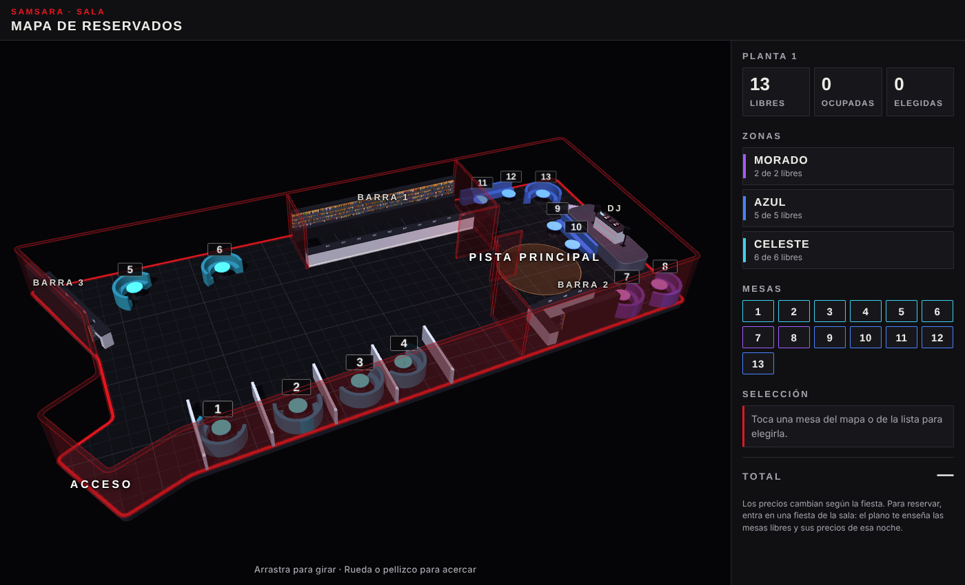 VIP table map of Samsara (Madrid): VIP tables by area (2)