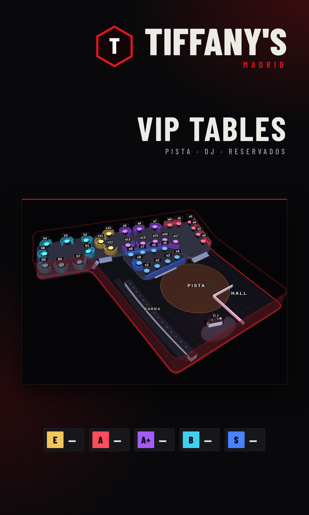 VIP table map of Tiffany's The Club (Madrid): VIP tables by area (8)