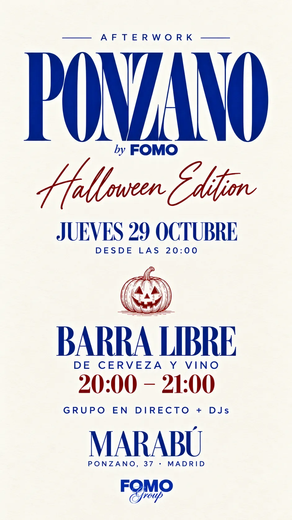 Flyer de AFTERWORK PONZANO en Marabú (Madrid), jueves 29 de octubre de 2026