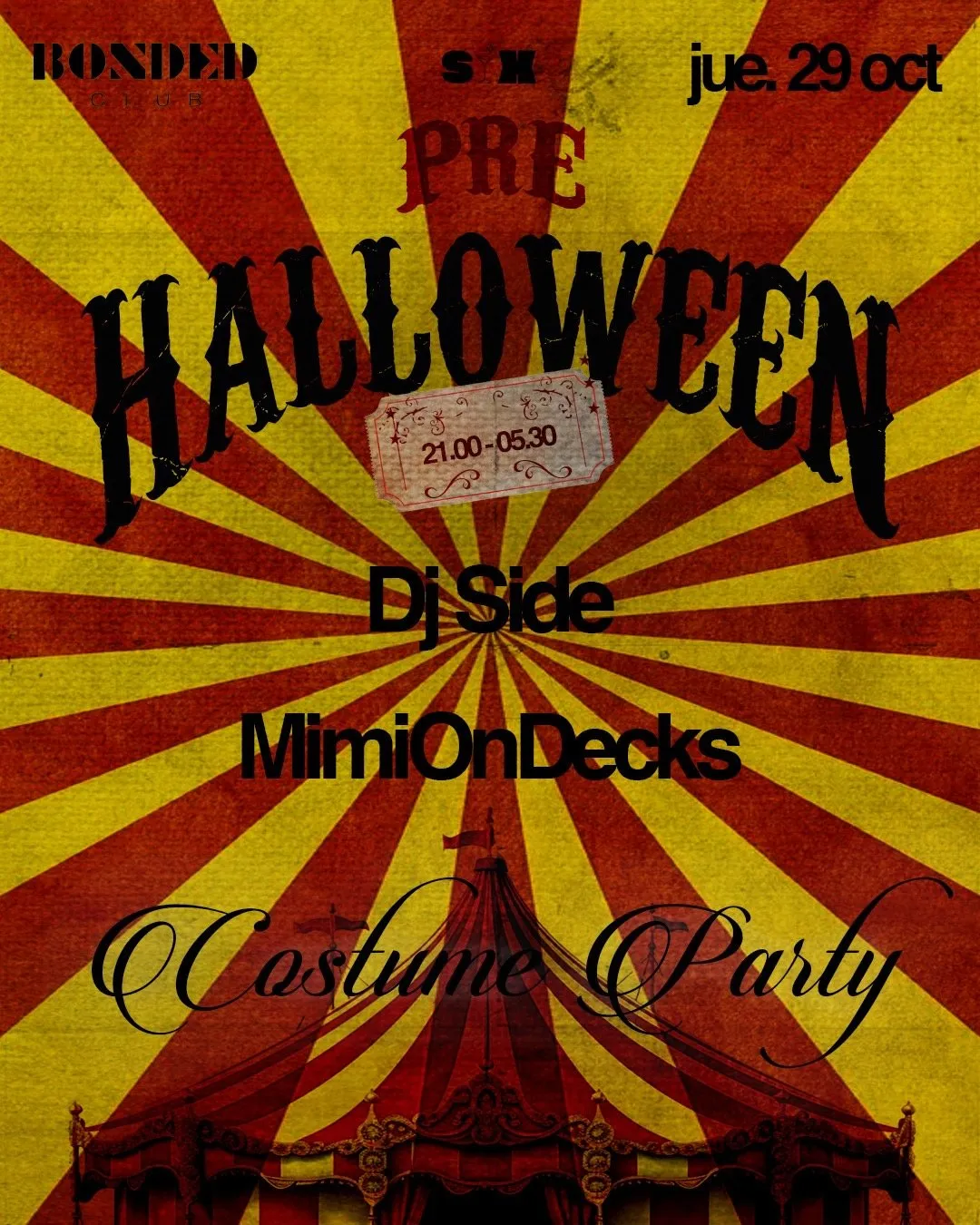 Flyer for Six pm Costume Party at Bonded Club (Madrid), Thursday 29 October 2026