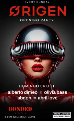 Flyer de “ØRIGEN” - BONDED en Bonded Club (Madrid), domingo 4 de octubre de 2026