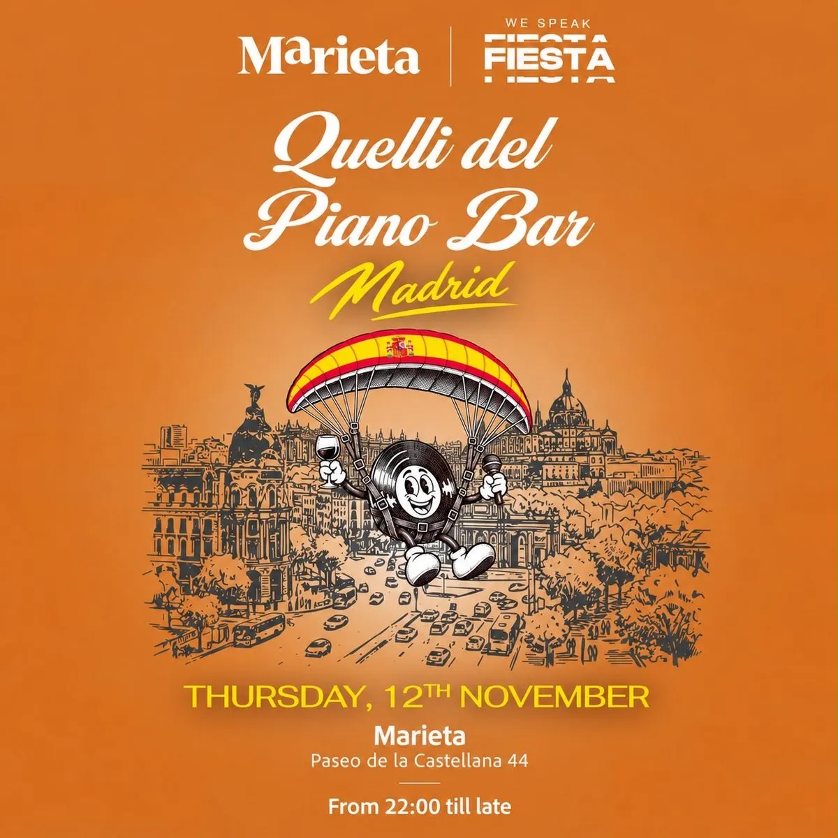 Flyer de QUELLI DEL PIANO BAR MADRID X WE SPEAK FIESTA en We Speak Fiesta! (Madrid), jueves 12 de noviembre de 2026