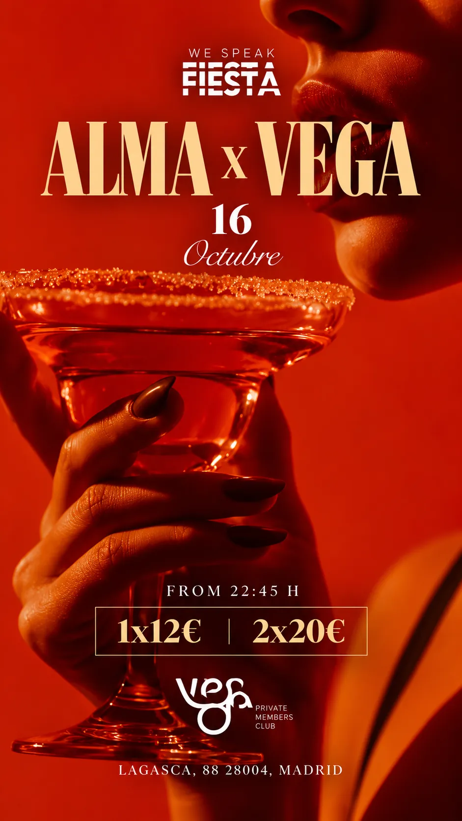 Flyer de ALMA x VEGA en We Speak Fiesta! (Madrid), viernes 16 de octubre de 2026