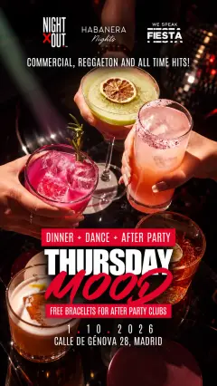 Flyer de “THURSDAY MOOD” AT HABANERA + AFTER PARTY RUBICON en We Speak Fiesta! (Madrid), jueves 17 de diciembre de 2026