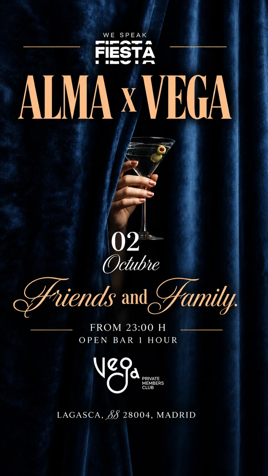 Flyer de ALMA x VEGA + AFTER PARTY FREE AT VICTORIA en We Speak Fiesta! (Madrid), viernes 2 de octubre de 2026